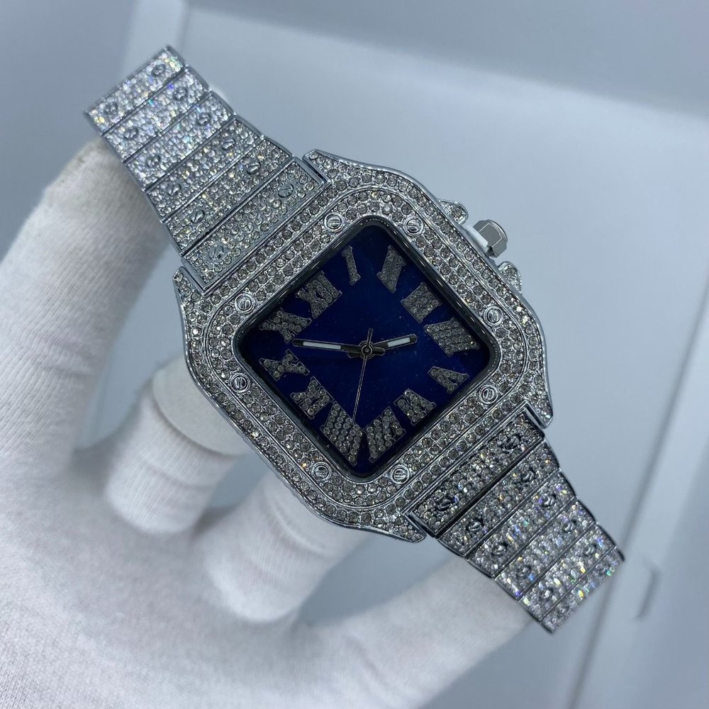 Luxury Iced Out Square Body Blue Detailed Watch